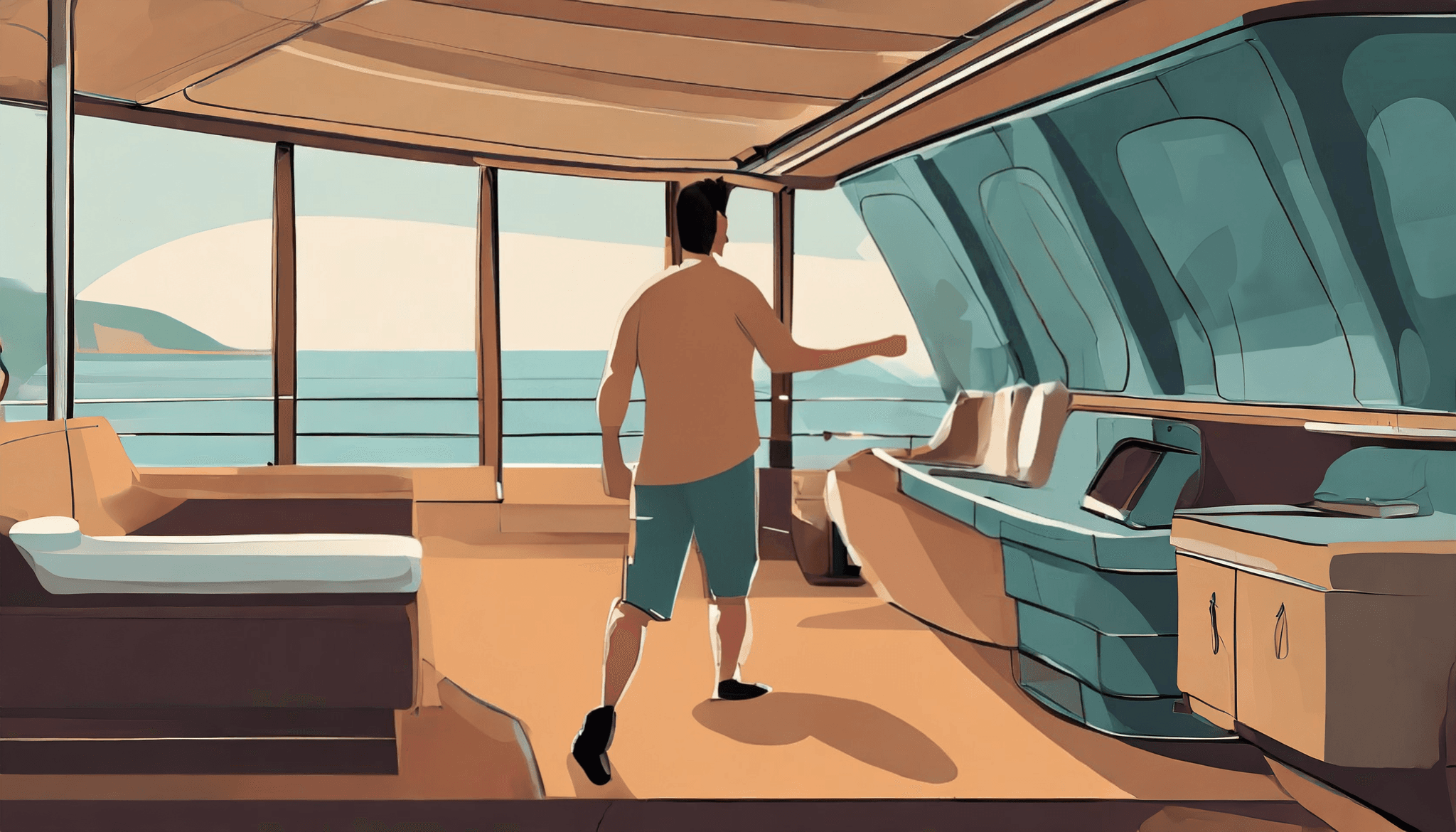 Man standing in the interior of a sailing yacht