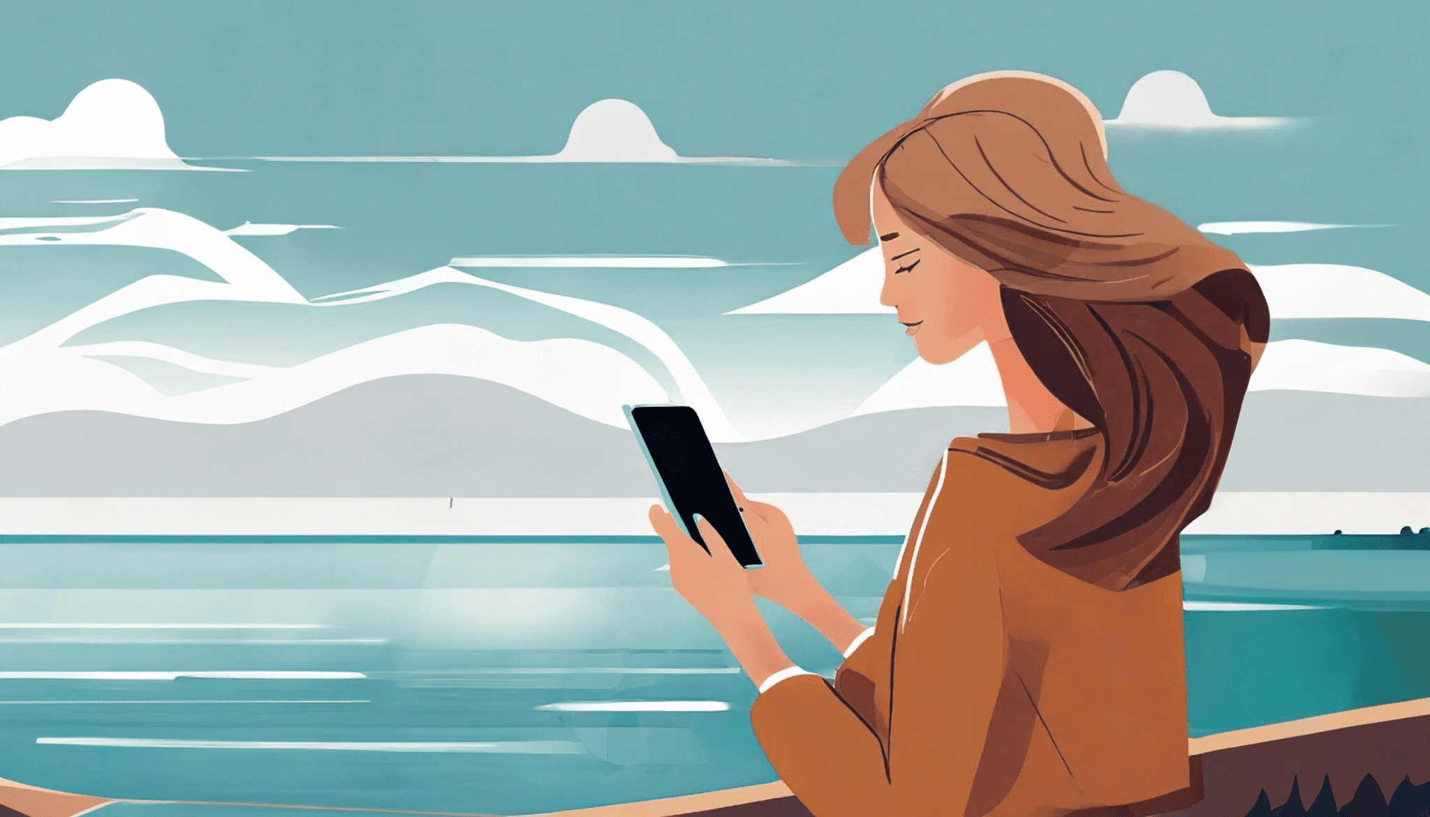 Woman holding her Smartphone in front a a sea